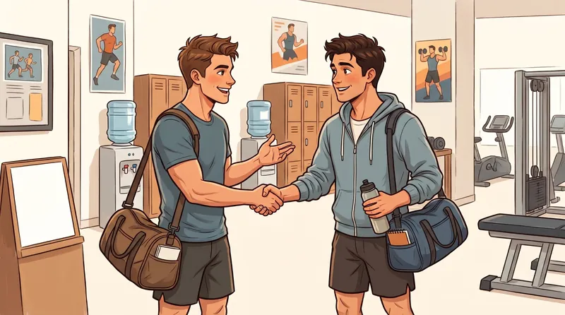 Deux jeunes hommes en tenue de sport se serrent la main dans le hall d'une salle de sport, tout sourire.