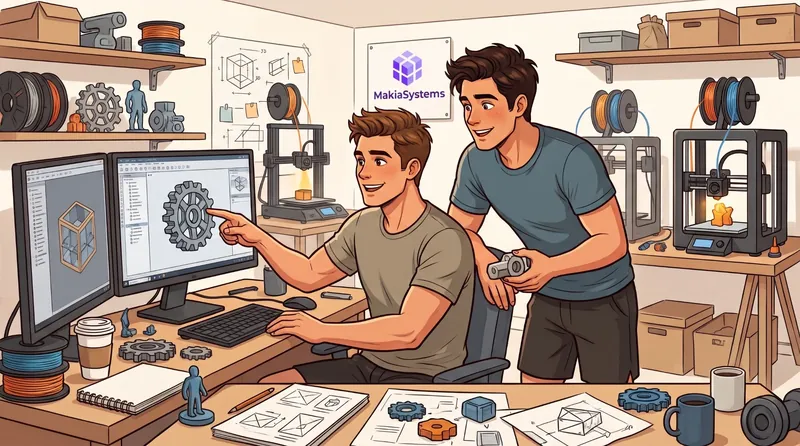 Dans un atelier rempli d'imprimantes 3D et de bobines de filament, l'un montre une roue dentée modélisée à l'écran, l'autre tient une pièce imprimée. Au mur, le logo MakiaSystems.