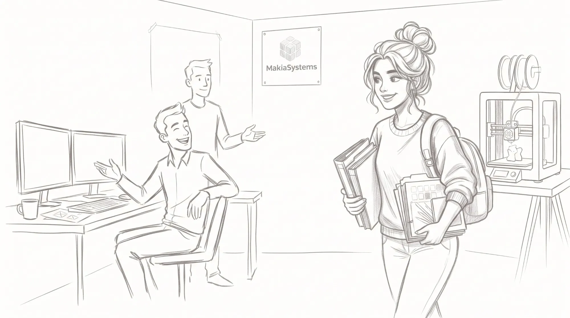 Dessin au crayon de l'équipe Makia Systems dans son atelier : deux associés à leur bureau accueillent une collègue chargée de dossiers, devant une imprimante 3D.