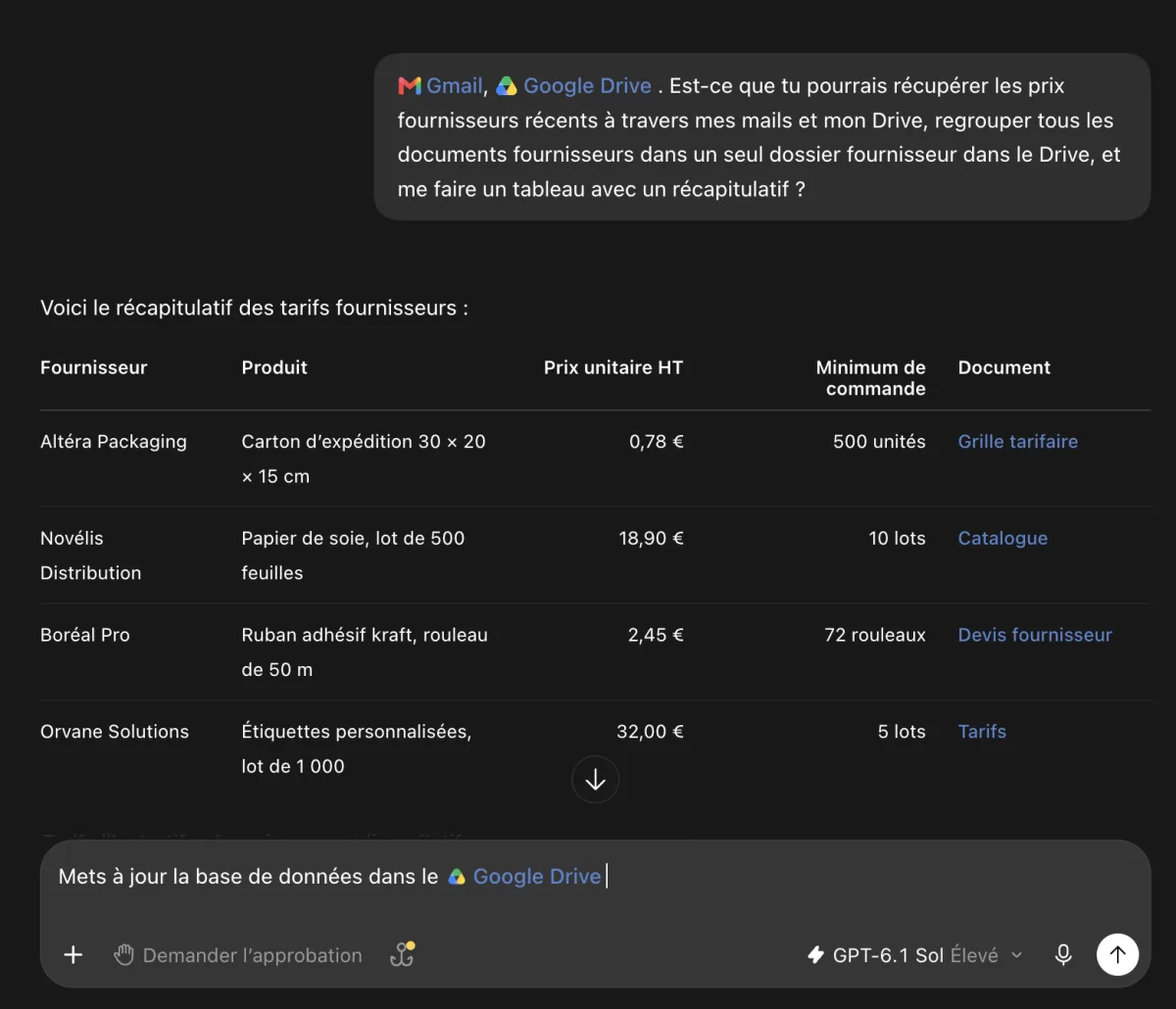 Conversation avec un agent : on lui demande de récupérer les prix fournisseurs dans Gmail et Google Drive, de regrouper les documents dans un dossier et de faire un récapitulatif ; il répond par un tableau (fournisseur, produit, prix unitaire, minimum de commande, document).